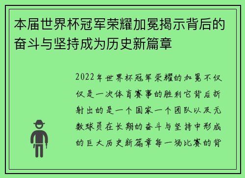 本届世界杯冠军荣耀加冕揭示背后的奋斗与坚持成为历史新篇章