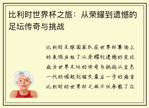 比利时世界杯之旅：从荣耀到遗憾的足坛传奇与挑战