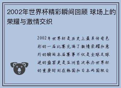 2002年世界杯精彩瞬间回顾 球场上的荣耀与激情交织