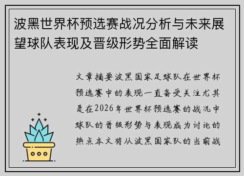 波黑世界杯预选赛战况分析与未来展望球队表现及晋级形势全面解读